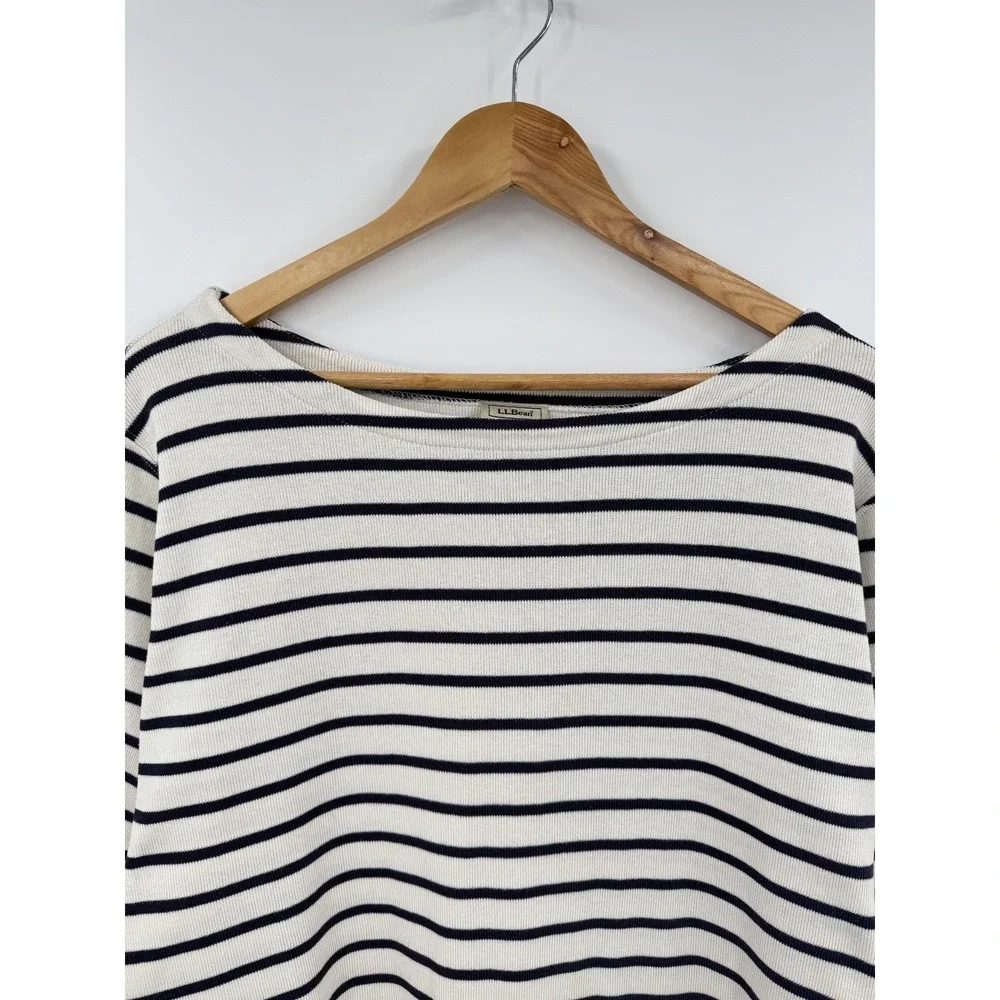 L.L.Bean Top Cotton Knit Top 3/4 Sleeve XL Navy Breton Striped Boat Neck Peru